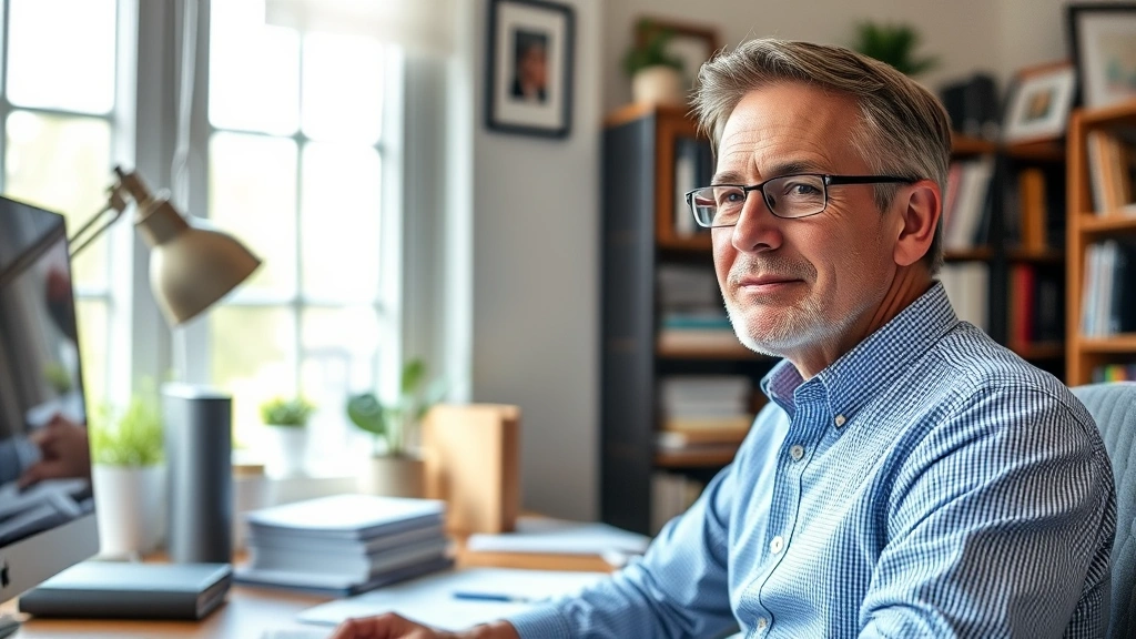 Mature professional man in home office setting, appearing calm and engaged, natural lighting through window, comfortable workspace with books and desk materials
