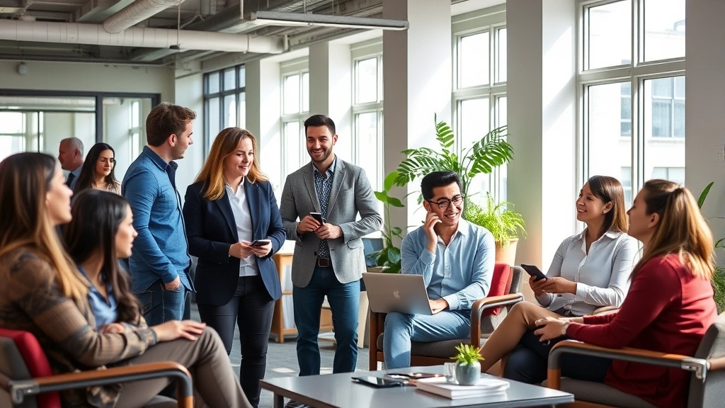 Diverse group of professionals in office setting engaged in conversation, relaxed postures, natural daylight, collaborative atmosphere suggesting work-life balance