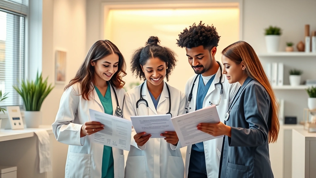 Diverse healthcare team collaborating in medical office, reviewing documents together, warm lighting, inclusive workplace setting, modern clinical workspace