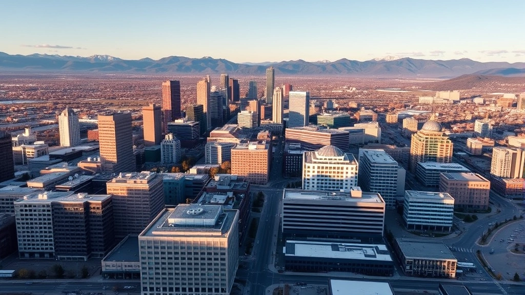 Aerial panoramic view of Denver's downtown skyline with medical campus buildings visible, modern healthcare facilities and office buildings, Colorado mountains in background, daytime cityscape