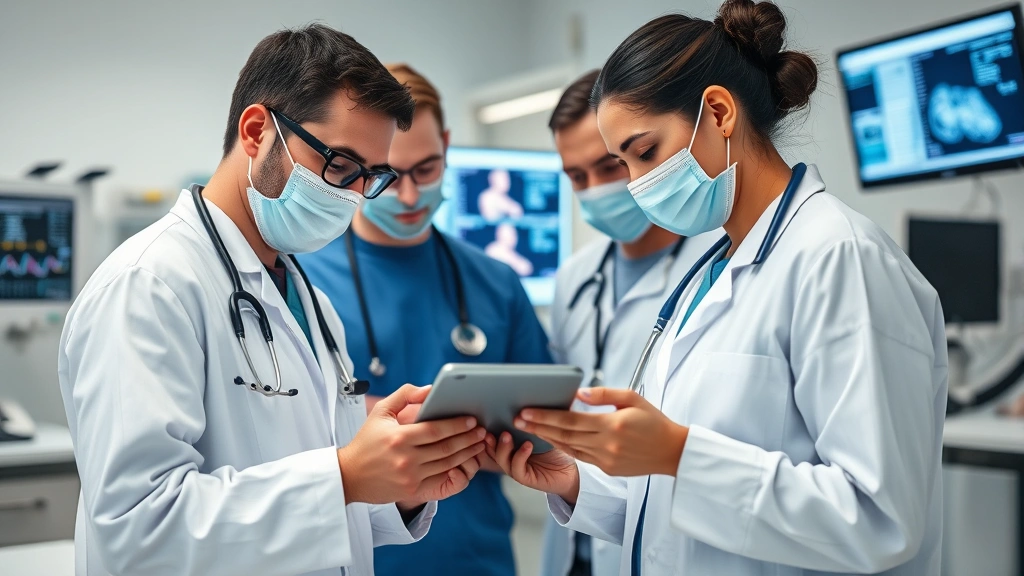 Close-up of healthcare professionals in clinical setting reviewing patient data on digital screens and tablets, showing modern medical technology and teamwork in action