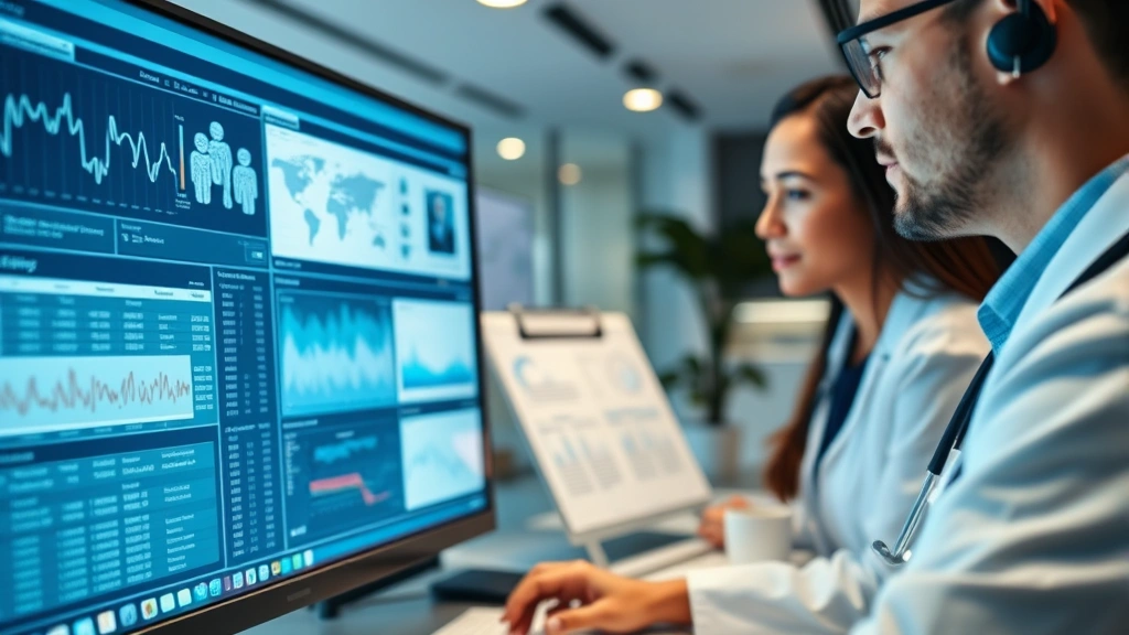 Close-up of healthcare professional analyzing medical data on computer screen, clinical informaticist working with health records system, modern office setting with medical charts and technology, professional healthcare workspace