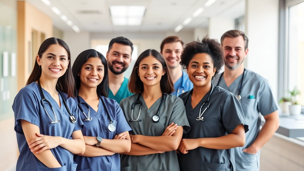 Diverse group of healthcare professionals in modern medical clinic setting, wearing scrubs and stethoscopes, collaborating and smiling in bright, welcoming environment