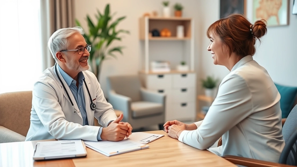 Patient consultation room with doctor and patient in friendly discussion, comfortable furniture, warm lighting, medical charts on desk, professional but approachable atmosphere