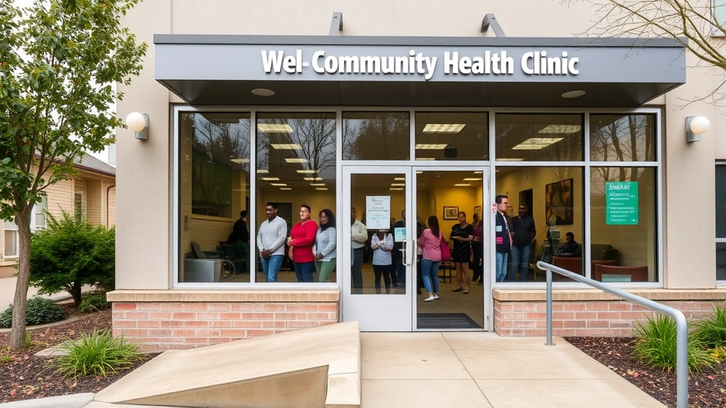 Community health clinic exterior with welcoming entrance, diverse people in waiting area visible through windows, modern building design, neighborhood setting, accessible ramp and entrance