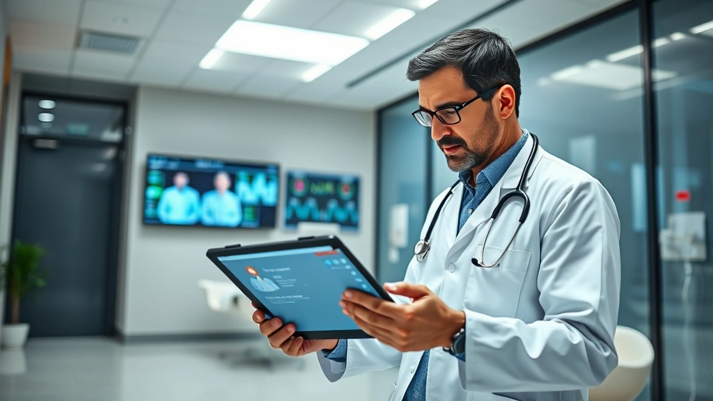 A modern healthcare provider's office with a doctor reviewing patient data on a tablet computer, bright natural lighting, contemporary medical setting with digital displays