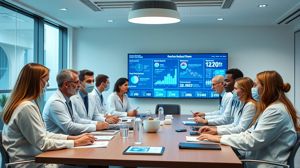 A diverse group of healthcare professionals collaborating around a conference table with digital health dashboards visible on screens in the background, professional environment