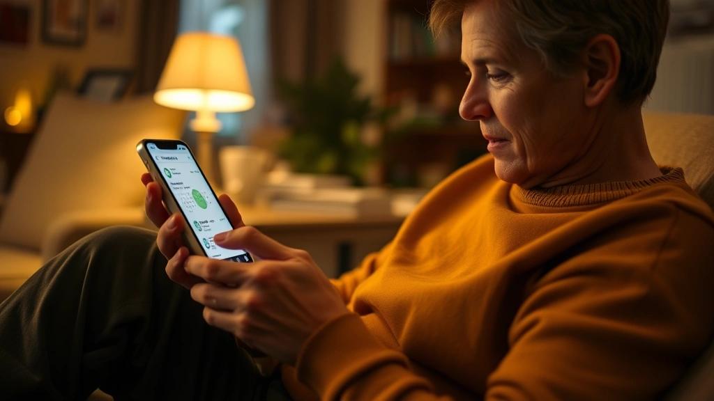 A patient using a smartphone to access their medical records and appointment schedule, sitting comfortably in a home setting with warm lighting, focused on mobile interface