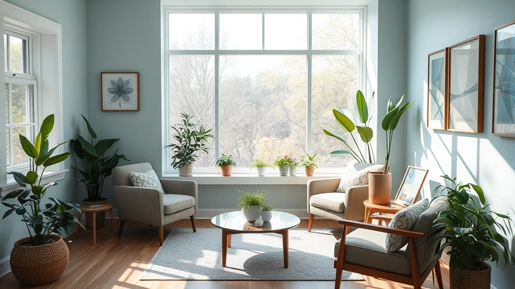 Peaceful therapeutic space with comfortable seating, natural light through windows, calming colors of soft blues and greens, plants and artwork on walls, serene welcoming atmosphere
