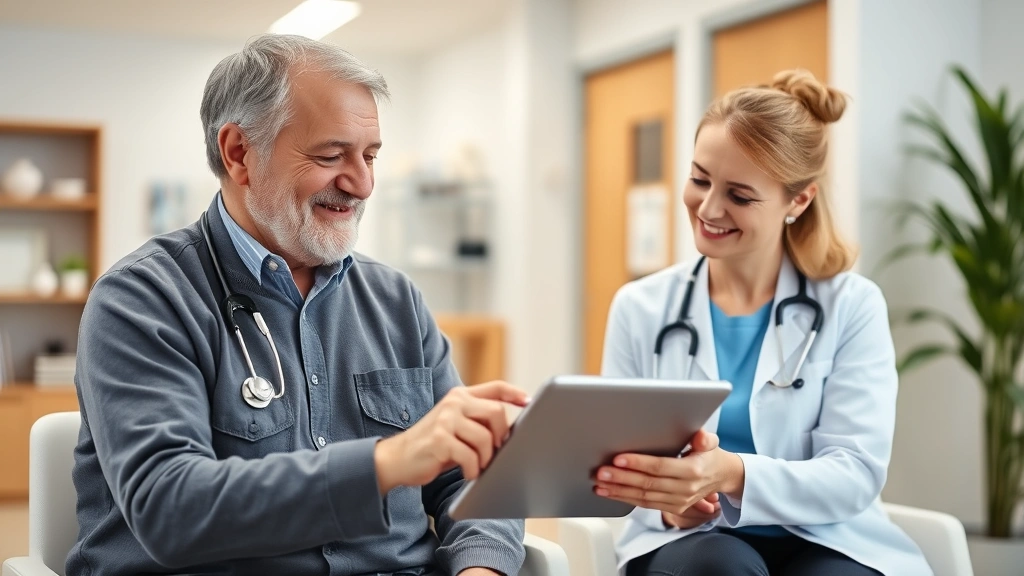 Senior man with gray hair smiling during a health consultation with a female healthcare provider in a modern medical office, both looking at a tablet together, warm professional setting
