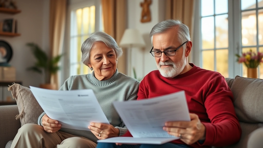 Senior couple sitting at home reviewing health insurance documents and medical records, warm natural lighting through windows, peaceful domestic setting