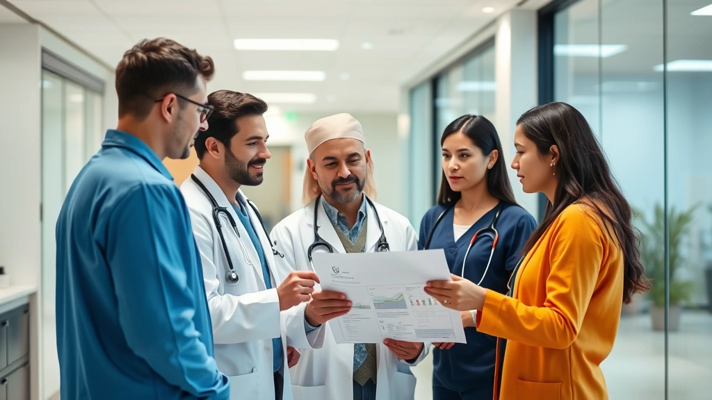 Healthcare provider team in modern clinic having collaborative discussion around patient chart, diverse medical professionals engaged in communication