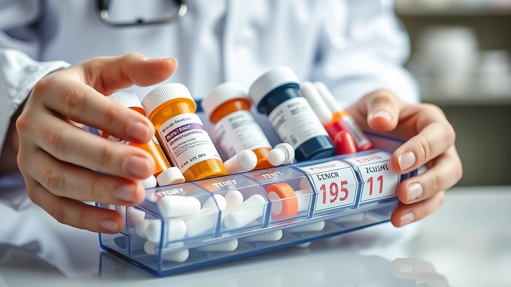 Close-up of prescription medications in organized pill organizer with calendar dates visible, medical professional's hands visible, clean healthcare environment background