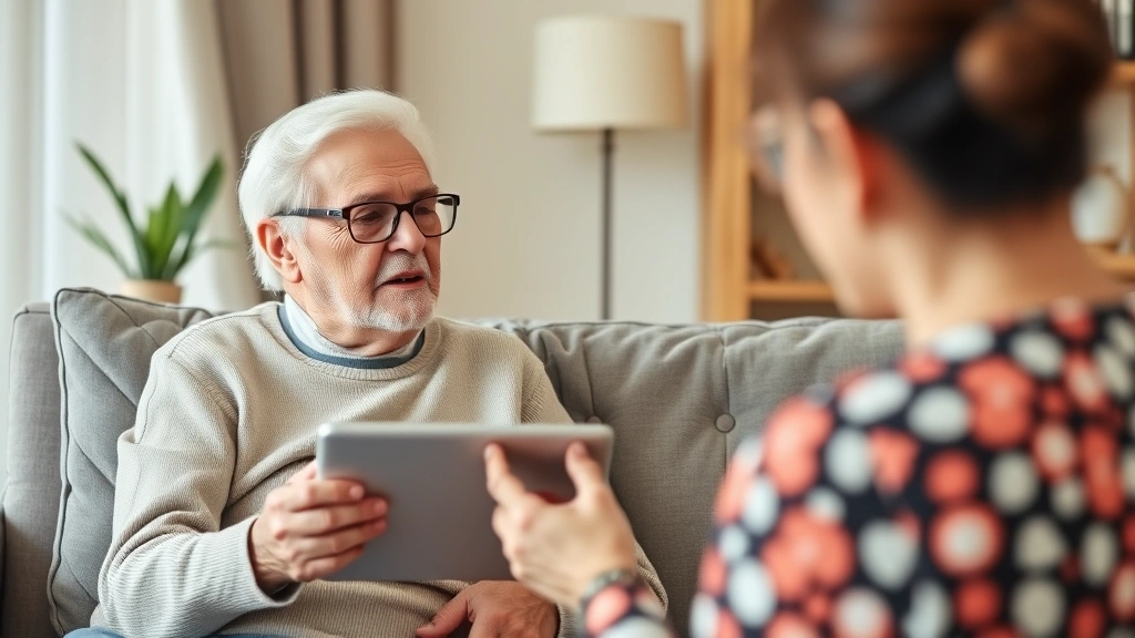 Elderly person speaking with nurse on video call using tablet device, comfortable home environment, supportive healthcare interaction