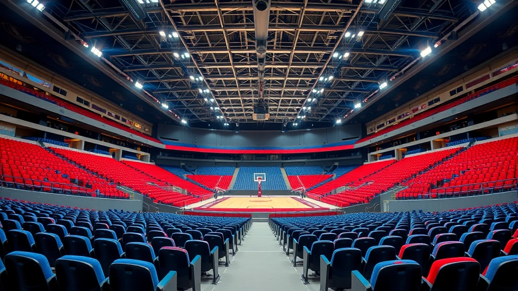 Modern sports arena interior with rows of blue and red seats, professional lighting, and clear sightlines to a center stage or court, no people visible, bright and welcoming atmosphere