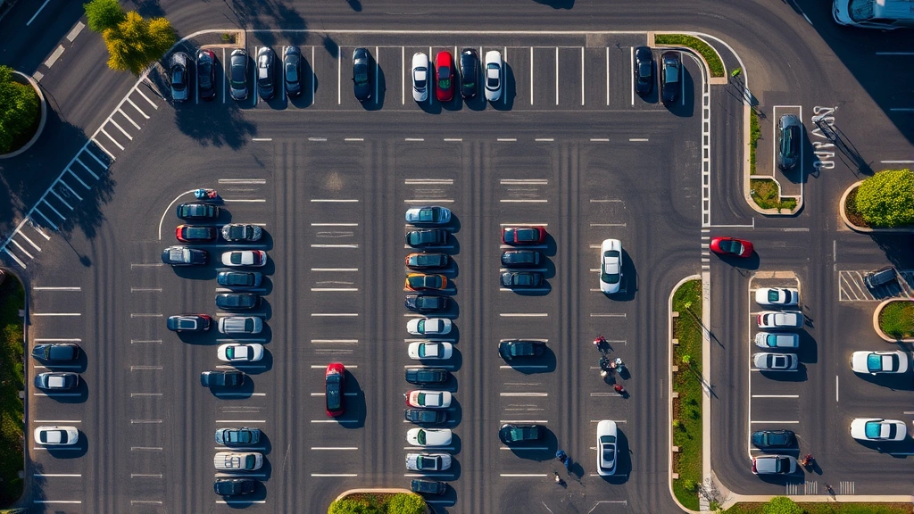 Overhead view of a diverse parking lot filled with cars, clean asphalt, clear lane markings, surrounding landscaping, sunny day with clear shadows, urban venue setting