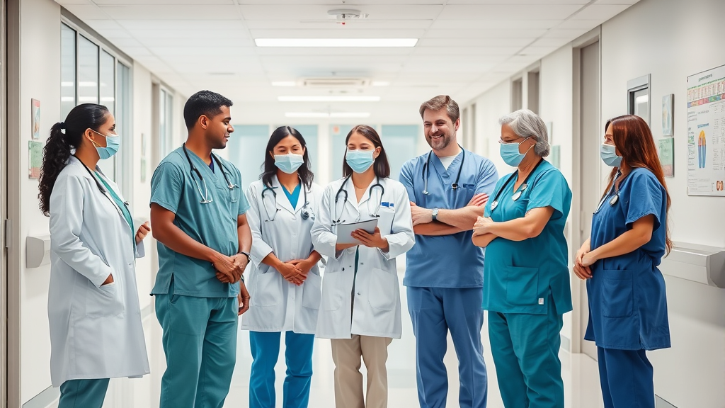 Healthcare professionals collaborating in modern hospital setting, diverse team, compassionate care environment, no text no words no letters