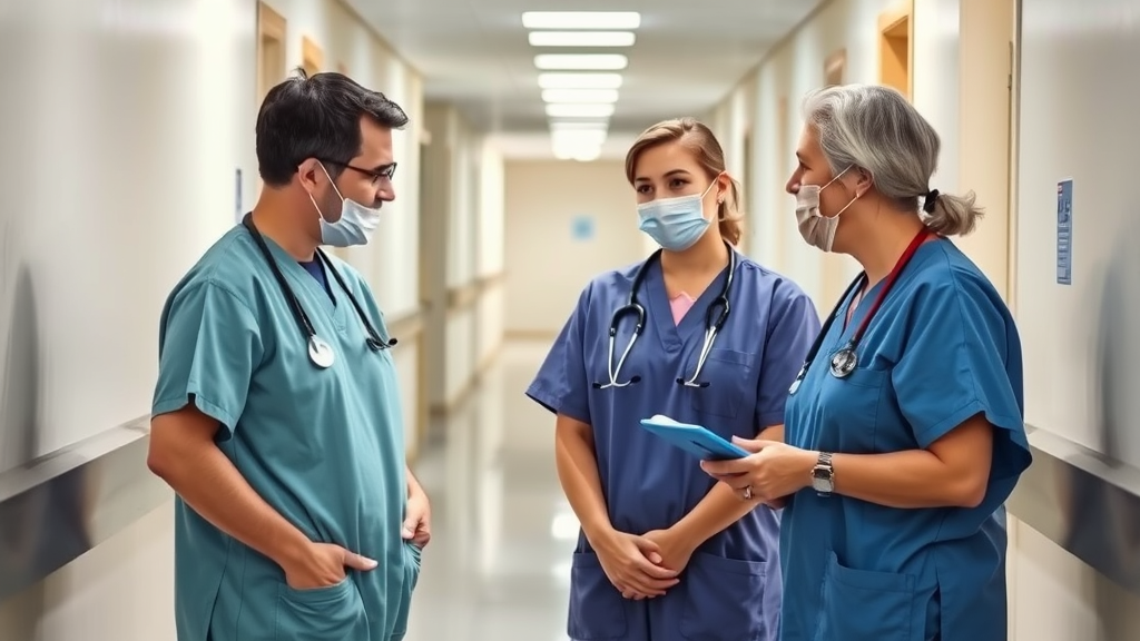 Medical professionals in scrubs discussing patient care, teamwork, hospital corridor background, natural lighting, no text no words no letters