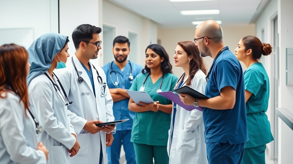 Healthcare professionals collaborating in modern hospital setting, diverse team discussing patient care, no text no words no letters