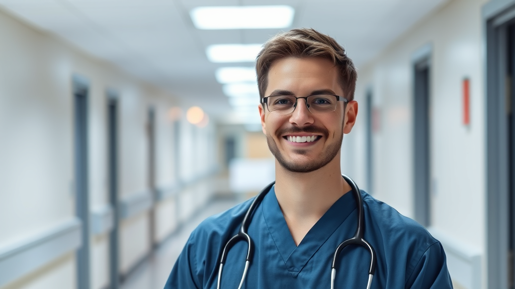 Medical professional smiling confidently in hospital corridor, stethoscope around neck, warm lighting, no text no words no letters