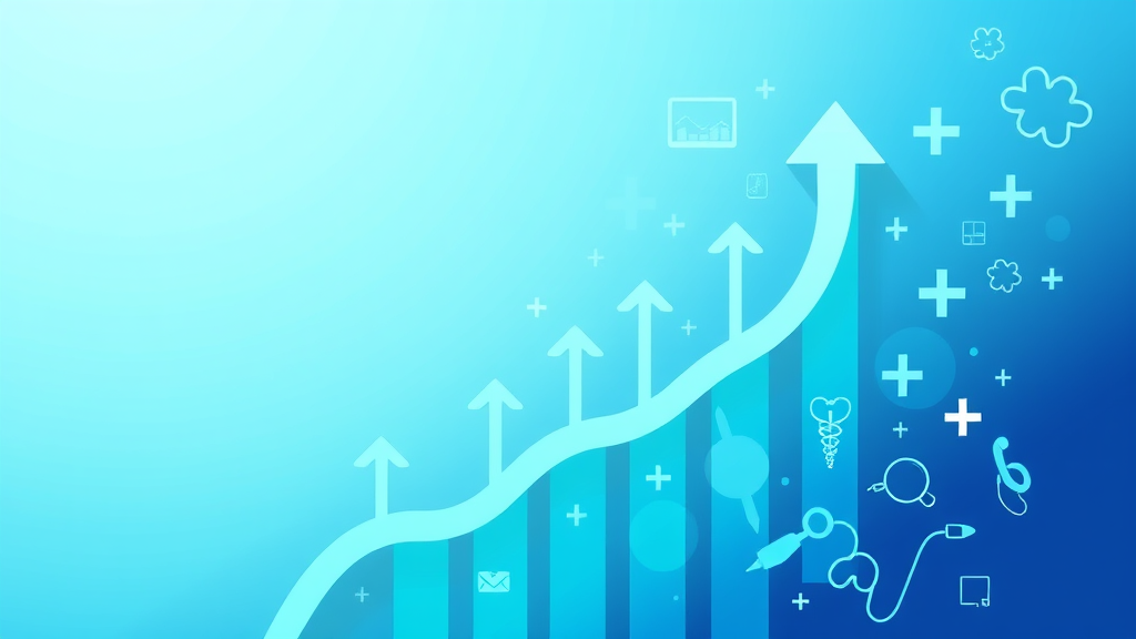 Abstract representation of career growth and healthcare mission, upward arrows and medical symbols, blue and green colors, no text no words no letters