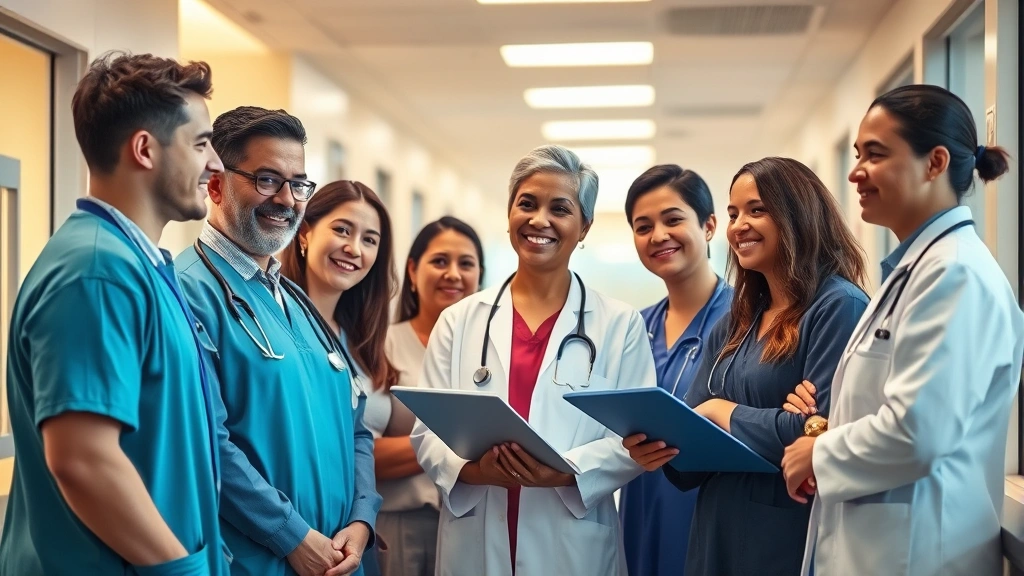 Diverse group of healthcare professionals in clinical setting collaborating together, different ethnicities and backgrounds, modern hospital environment, warm lighting