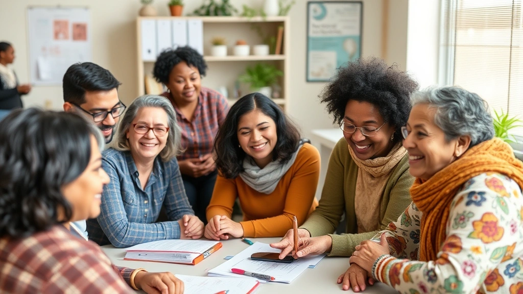 Multicultural community members participating in health education workshop, engaged and smiling, diverse ages and backgrounds, inclusive healthcare setting