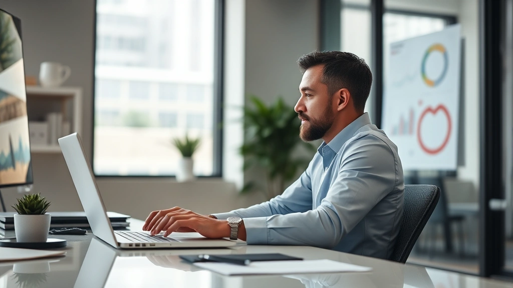 Person sitting at desk with laptop, viewing medical charts and health data on screen, modern office setting with natural lighting, focused expression