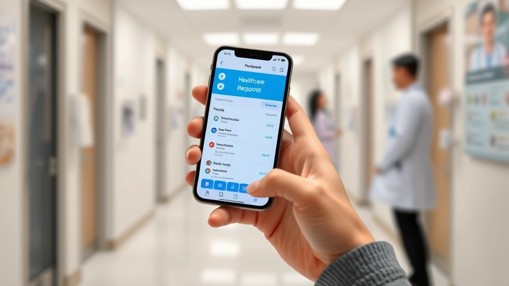 A person holding a smartphone displaying a healthcare portal interface with appointment calendar and medical records visible on screen, modern clinical setting background