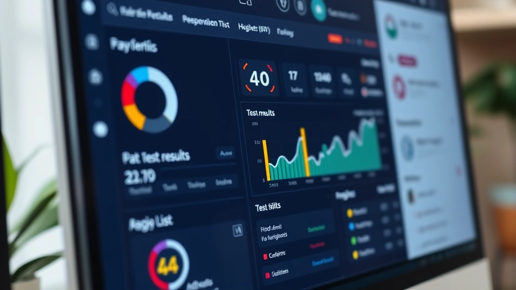 Close-up of a computer monitor showing a patient dashboard with health metrics, test results, and medication list in a clean digital interface design