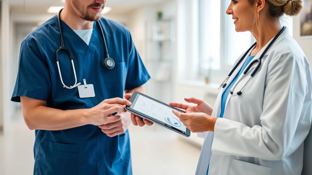 A healthcare professional and patient having a consultation with a tablet showing medical charts and health information between them in a modern clinic