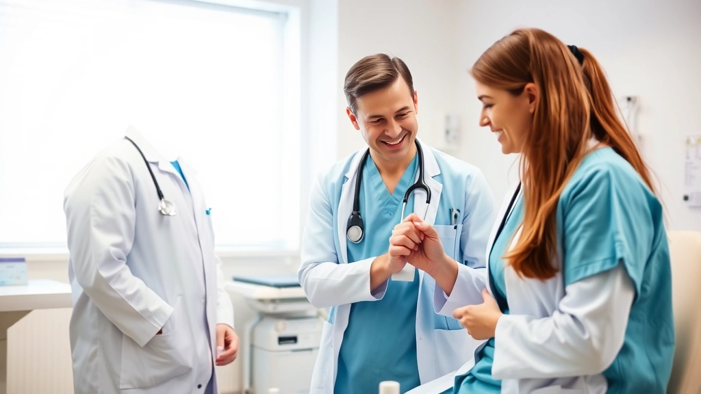 Healthcare professionals in clinical setting examining patient with stethoscope, bright examination room, medical equipment visible, caring interaction, professional medical environment