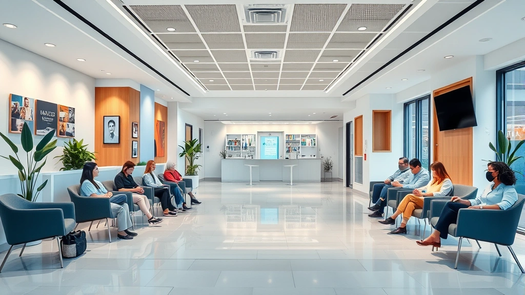 Modern healthcare clinic interior with welcoming reception area, comfortable seating, soft lighting, and diverse patients in waiting room