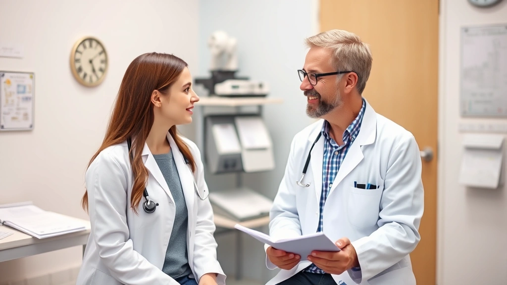 Healthcare provider in white coat speaking with patient in examination room, warm professional interaction, medical charts visible