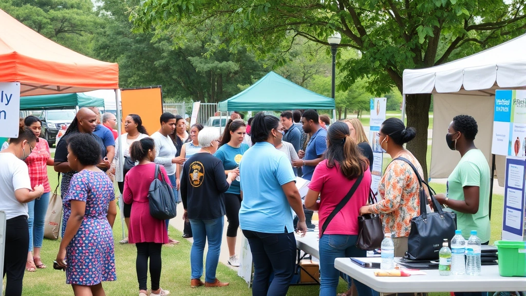 Community health fair outdoors with multiple wellness stations, people receiving health screenings, diverse population participating