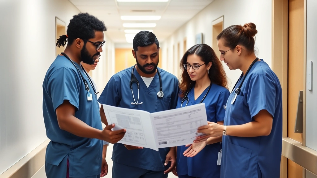 Medical professionals in scrubs collaborating around a patient chart in a modern hospital corridor, diverse team focused and engaged in discussion.