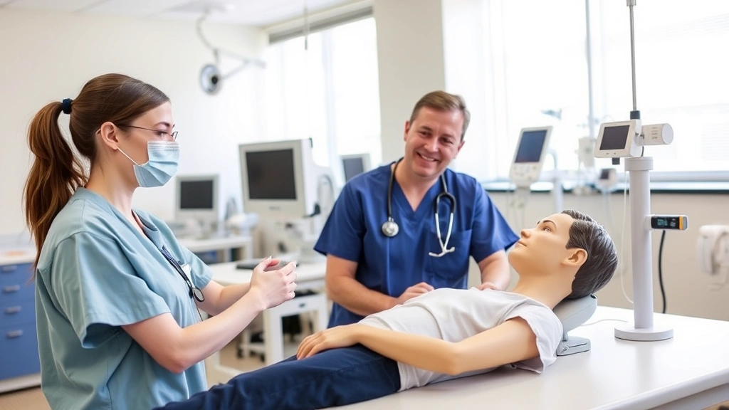 Nursing student performing clinical examination on a patient mannequin under supervision in a bright, well-equipped training laboratory with medical equipment.
