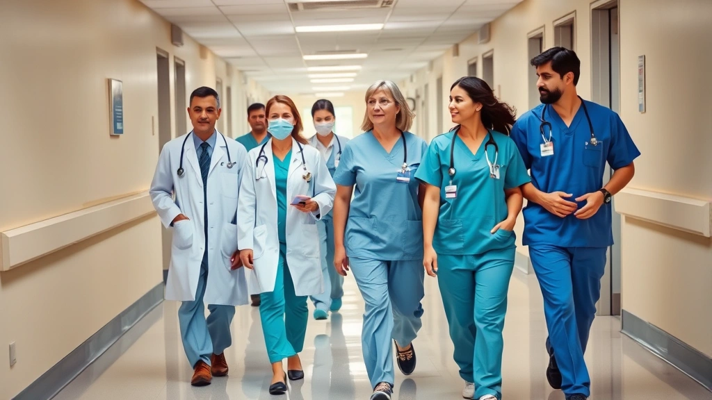 Healthcare team of doctors, nurses, and therapists walking through a hospital hallway, diverse group in professional medical attire moving with purpose.