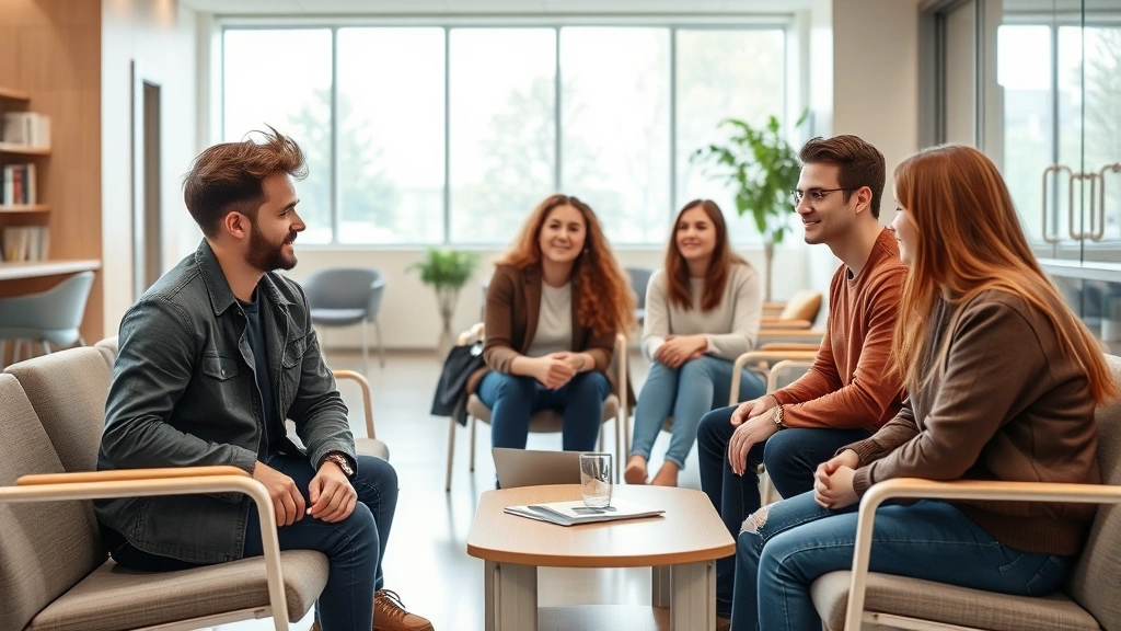 Diverse college students in a modern, bright medical clinic waiting room with comfortable seating and welcoming atmosphere, natural daylight streaming through windows