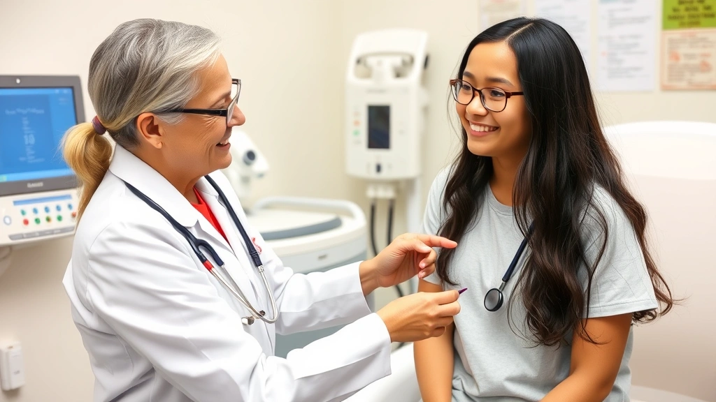 Healthcare provider conducting a health screening with a young student, stethoscope visible, both smiling in a clinical examination room with medical equipment