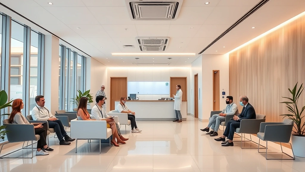 Modern medical clinic interior with welcoming reception area, comfortable seating, diverse patients and healthcare staff in professional attire, clean minimalist design with warm lighting