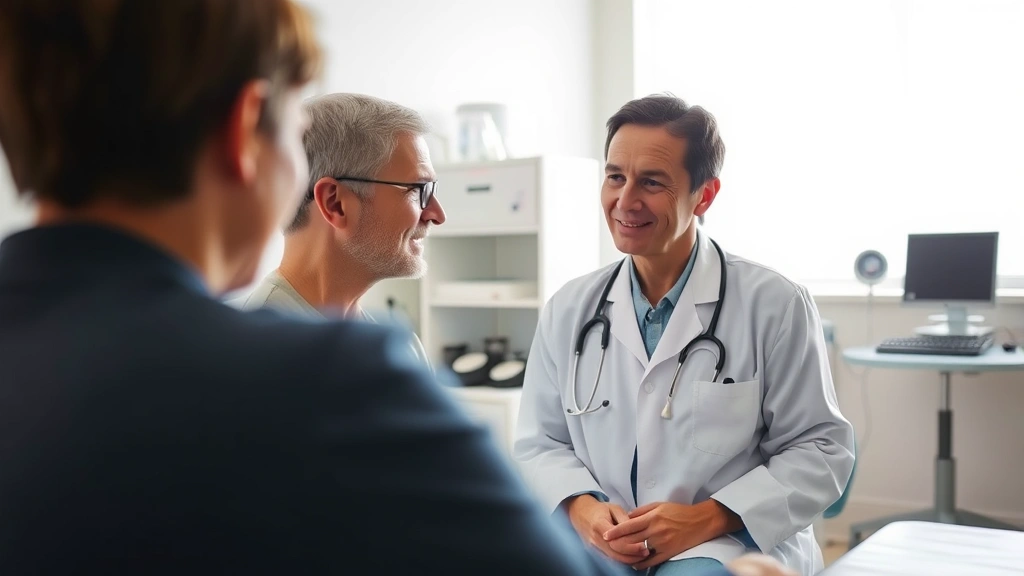 Healthcare provider in white coat speaking with patient in examination room, caring interaction, natural lighting, medical equipment visible but blurred in background