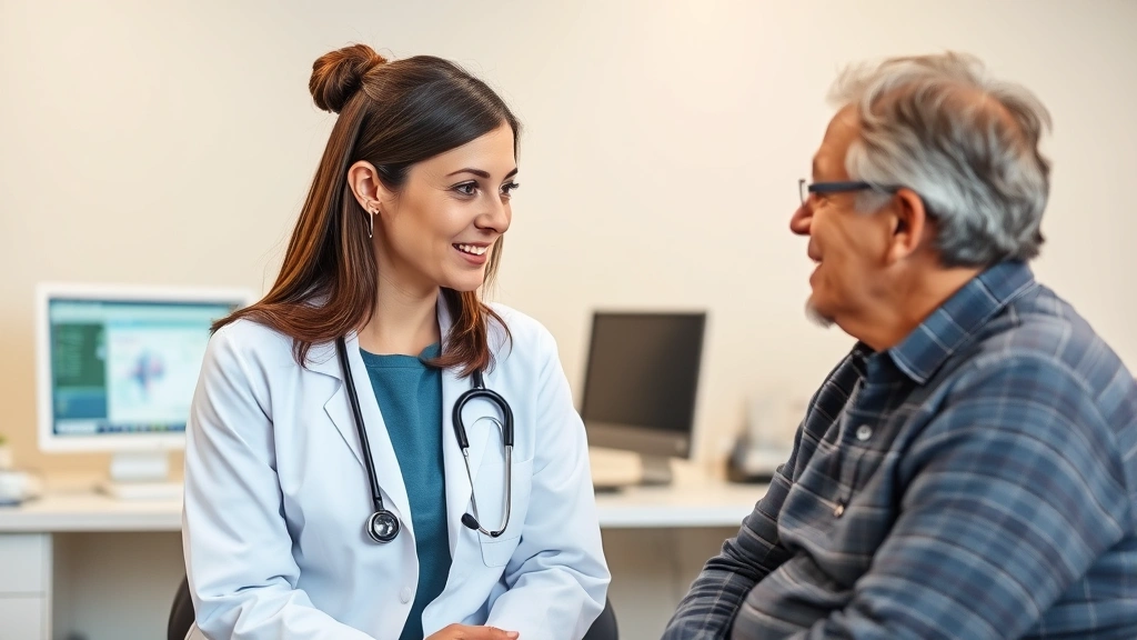Female healthcare provider in white coat listening attentively to middle-aged patient during consultation, professional medical office setting with desk and computer visible