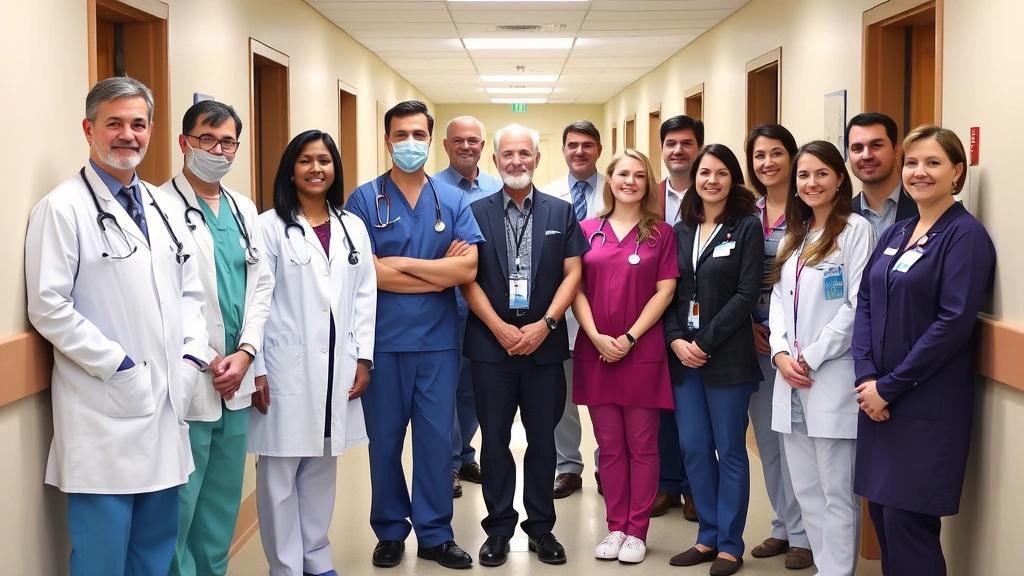 Diverse group of healthcare professionals including doctors, nurses, and administrative staff standing together in clinical hallway, representing comprehensive health center team