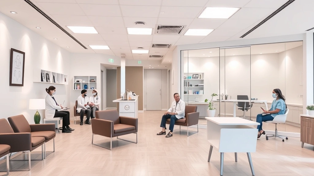 Modern medical clinic interior with comfortable seating, warm lighting, and clean minimalist design featuring diverse healthcare professionals in consultation rooms