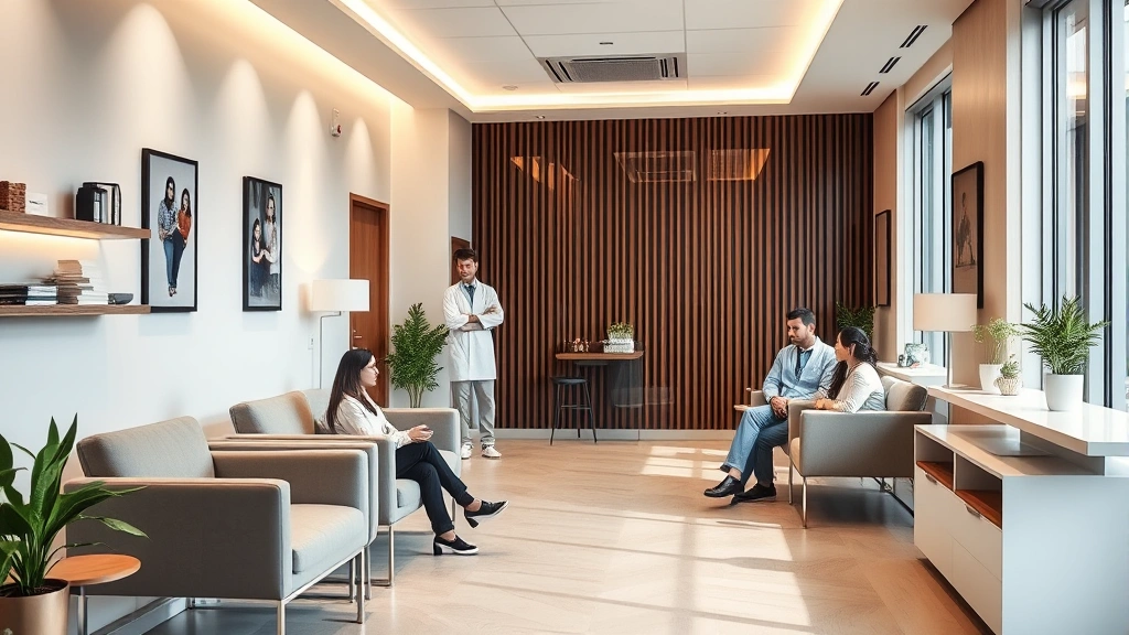A modern clinic interior with comfortable seating, soft lighting, and welcoming atmosphere, showing medical professionals in consultation with a patient