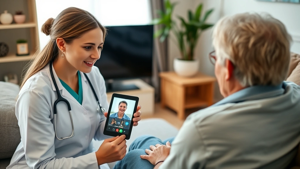 Healthcare provider using tablet technology with patient in a telehealth appointment setup, showing video call interface on screen in a home environment