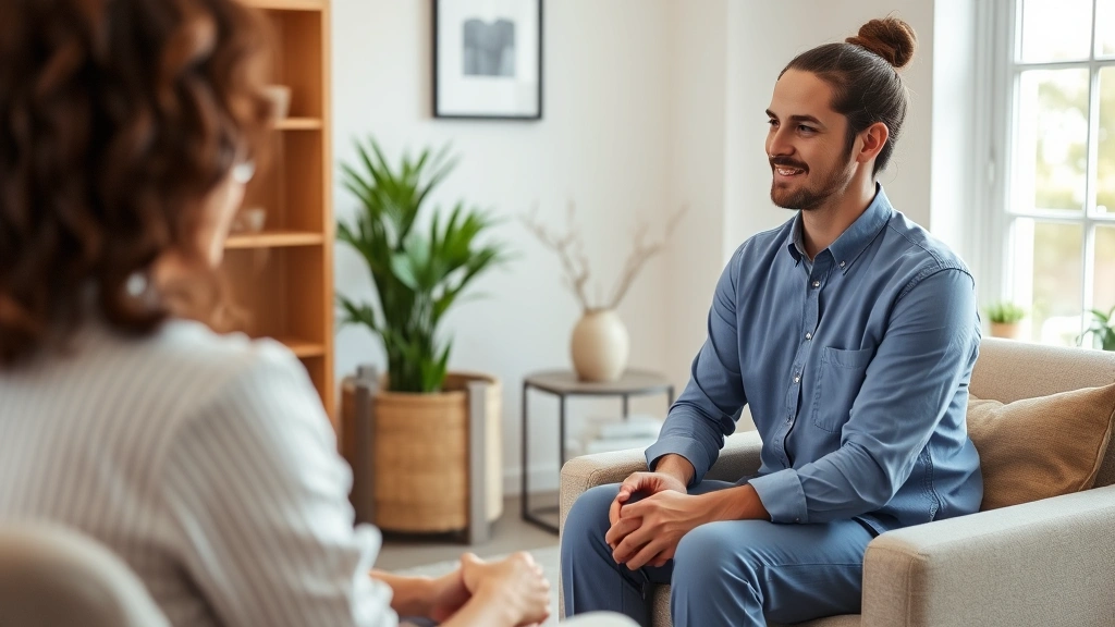 Professional therapist and patient in supportive counseling session in bright, welcoming office space with comfortable furniture and natural window lighting