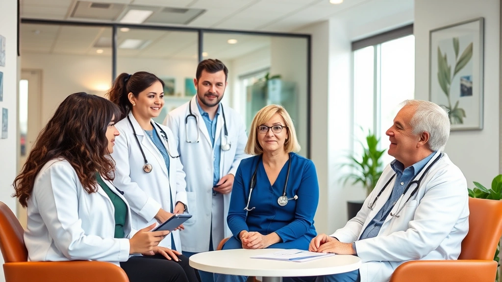 Diverse group of healthcare professionals including doctors, counselors, and care coordinators collaborating in a modern medical office setting