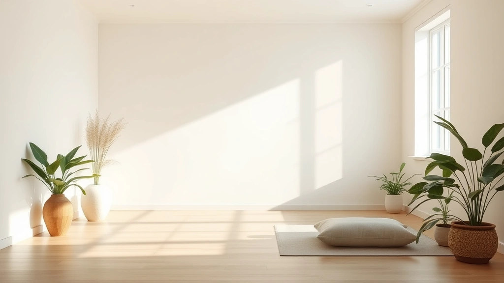 Serene meditation space with soft natural light, peaceful atmosphere, wellness environment, no text or people visible